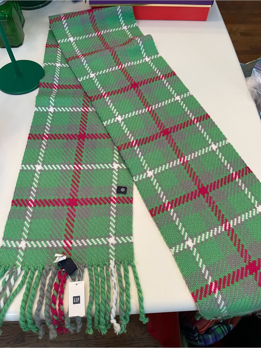 GAP Green Plaid Fringe Scarf with Red and White Accents